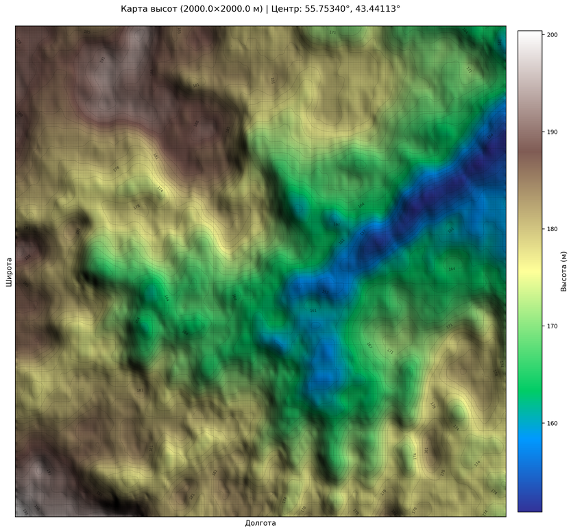 Топографическая карта с горизонталями и сеткой 50×50 м — для распечатки